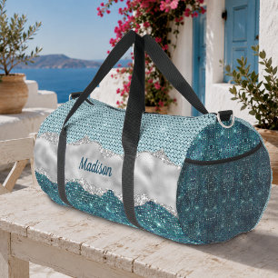 Chic girly teal mint green glitter silver monogram duffle bag