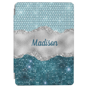 Chic girly teal mint green glitter silver monogram iPad air cover