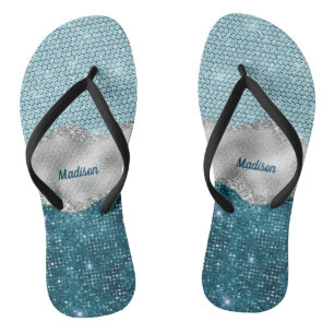 Chic girly teal mint green glitter silver monogram jandals