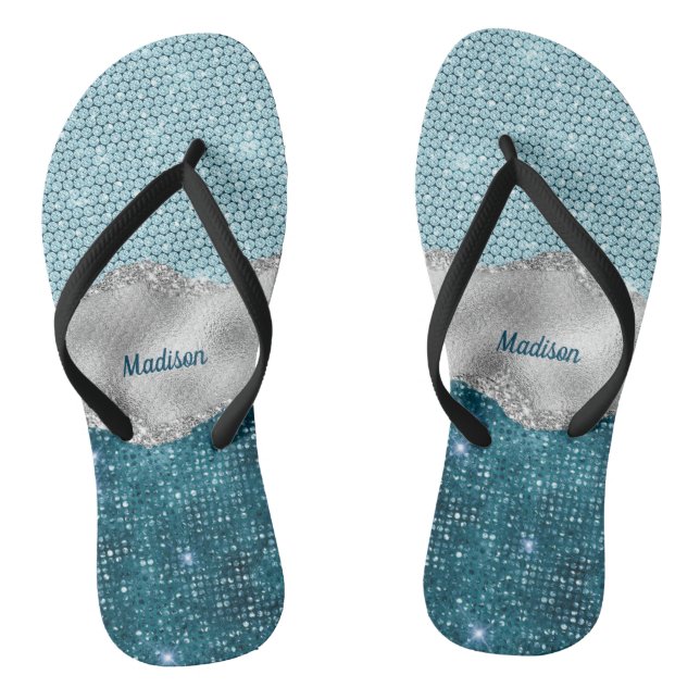 Chic girly teal mint green glitter silver monogram jandals (Footbed)