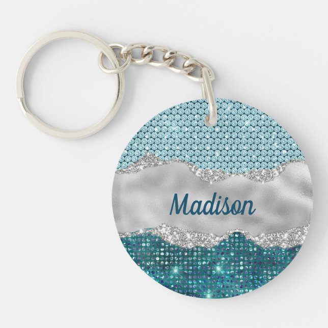 Chic girly teal mint green glitter silver monogram key ring (Front)