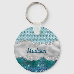 Chic girly teal mint green glitter silver monogram key ring