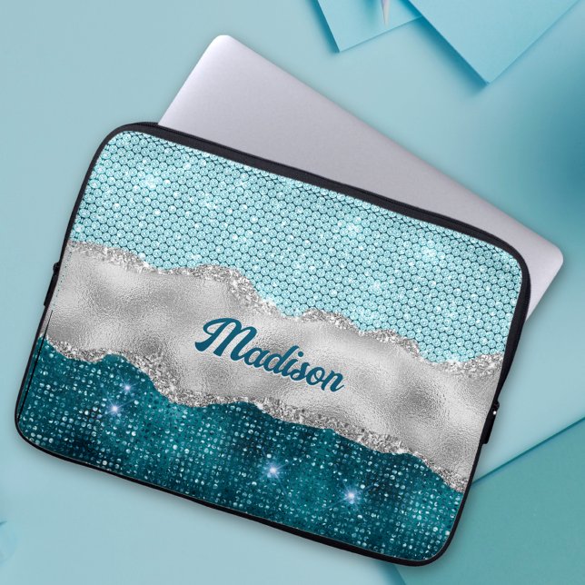 Chic girly teal mint green glitter silver monogram laptop sleeve (Creator Uploaded)