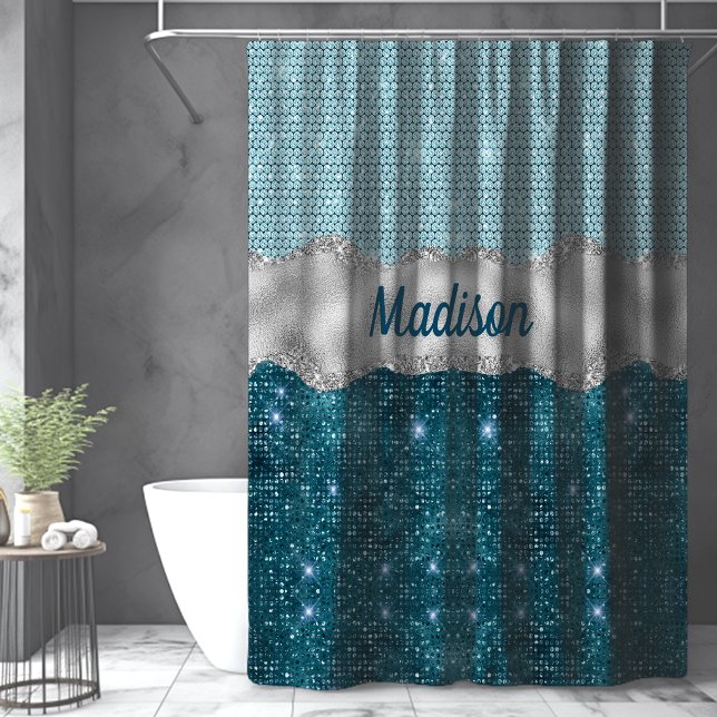 Chic girly teal mint green glitter silver monogram shower curtain (Creator Uploaded)