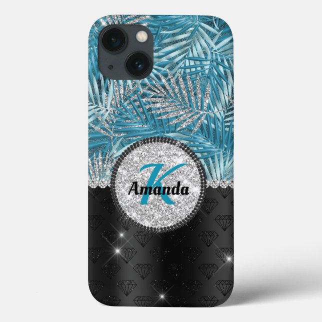 Chic girly turquoise aqua glitter leaves monogram Case-Mate iPhone case (Back)