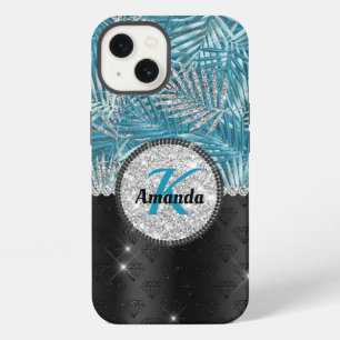 Chic girly turquoise aqua glitter leaves monogram iPhone 13 case