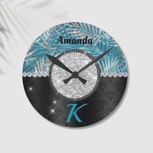 Chic girly turquoise aqua glitter leaves monogram round clock