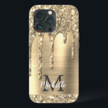 Chic Glam Gold Glitter Drips Monogram Metal iPhone 13 Pro Case<br><div class="desc">Elegant, modern, girly gold glitter drips gold metal custom personalised name and monogrammed iphone case. This design features yellow gold glitter sparkle drips on gold brushed metal background with custom personalised monogram initial and first name text template. Perfect feminine gift for girl and women who loves pretty trendy glam things....</div>