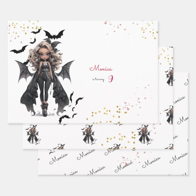 Chic glam gothic scary girl birthday party wrapping paper sheet (Set)