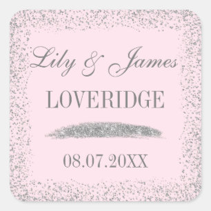 Chic Glam Grey Silver Glitter & Blush Pink Wedding Square Sticker
