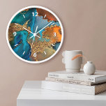 Chic glam marble watercolor gold turquoise orange<br><div class="desc">White graphic numerals overlay a rich, glam, gold veined, turquoise blue, and yellow orange abstract watercolor on this elegant, trendy, modern, wall clock. Your choice of a round or square clock face. Makes a welcome and stylish statement wherever it’s hung. A great addition to your living room or bedroom, as...</div>