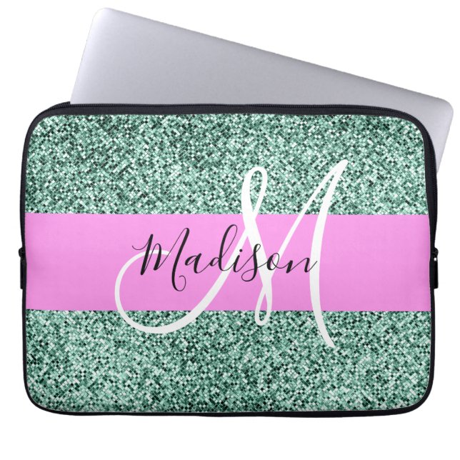 Chic Glam Pink Green Glitter Sparkle Name Monogram Laptop Sleeve (Front)
