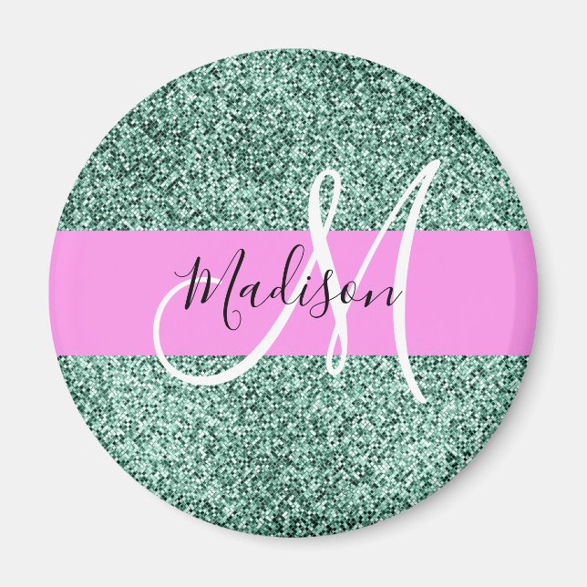 Chic Glam Pink Green Glitter Sparkle Name Monogram Magnet (Front)