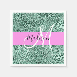 Chic Glam Pink Green Glitter Sparkle Name Monogram Napkin