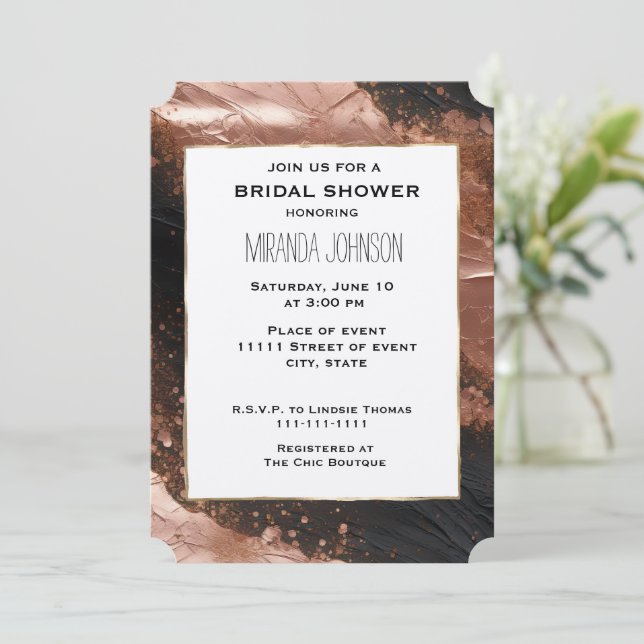 Chic Glam Rose Gold Black Abstract Bridal Shower Invitation (Standing Front)