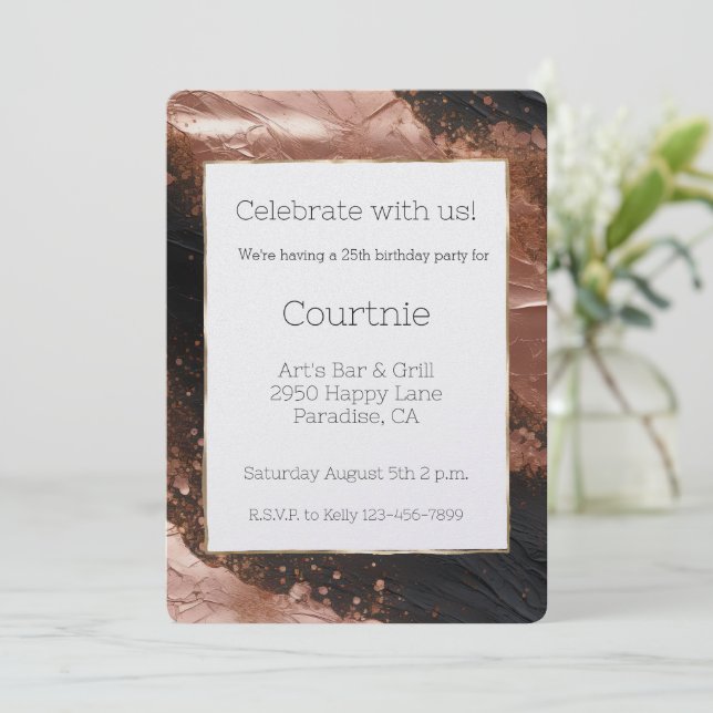 Chic Glam Rose Gold Black Birthday Invitation (Standing Front)