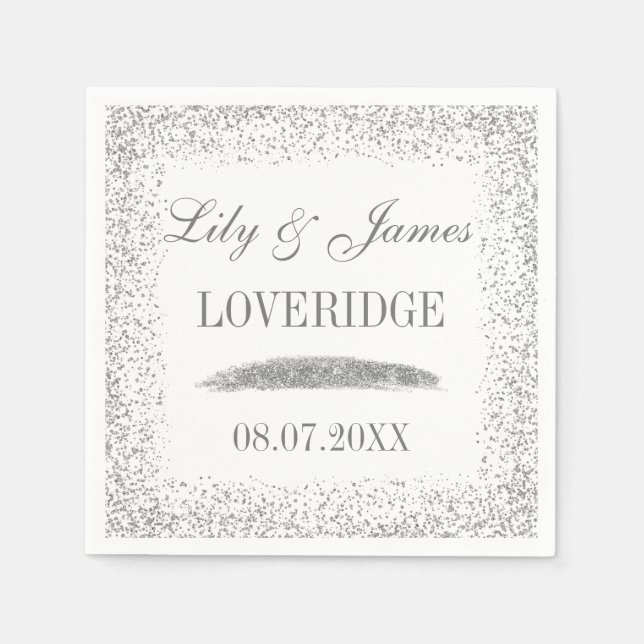 Chic Glam White & Grey Silver Glitter Wedding Napkin (Front)