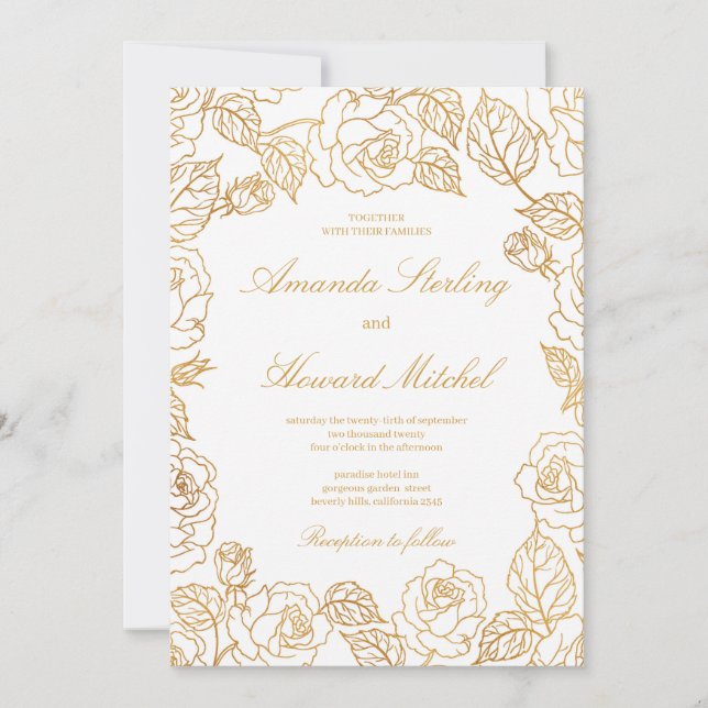 Chic glamour gold foil roses flowers wedding invitation (Front)