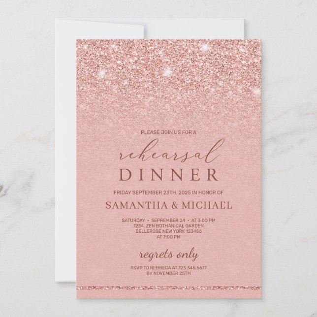 Chic glamour rose gold glitter rehearsal dinner invitation (Front)