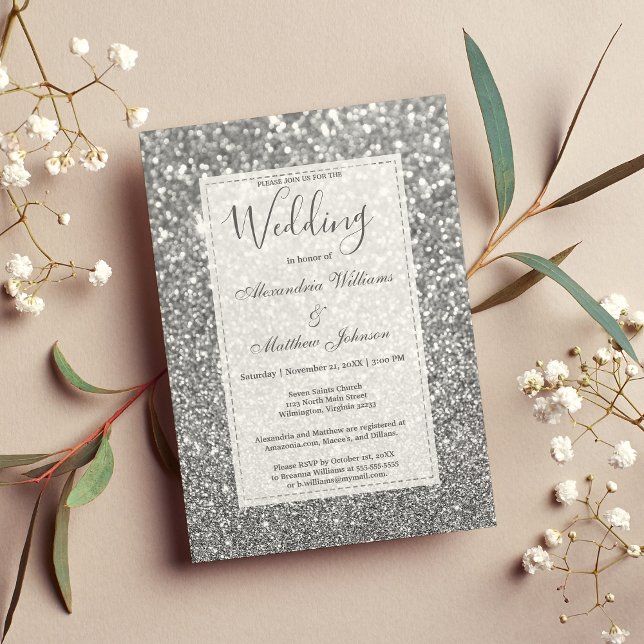 Chic glamourous trendy silver glitter Wedding Invitation (Chic glamorous trendy silver glitter Wedding Invitation)