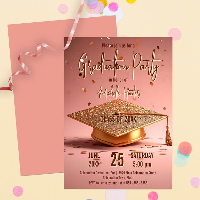 Chic Gleaming Gold Graduation Cap on Pink Invitation (Creator Uploaded)