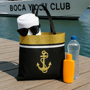 Chic Glitter and Gold Nautical Anchor on Black Tote Bag