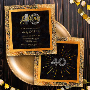 Chic Glitter Black and Gold 40th Birthday Party Invitation