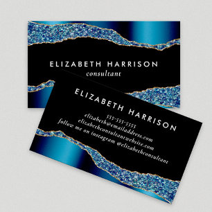 Chic Glitter Blue Foil Black Business Card