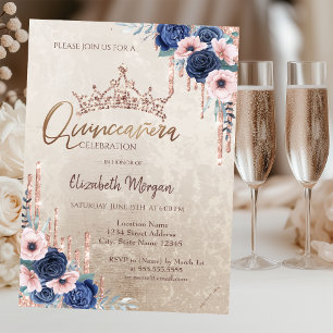 Chic Glitter Crown Drop,Blue Roses Quinceañera   Invitation
