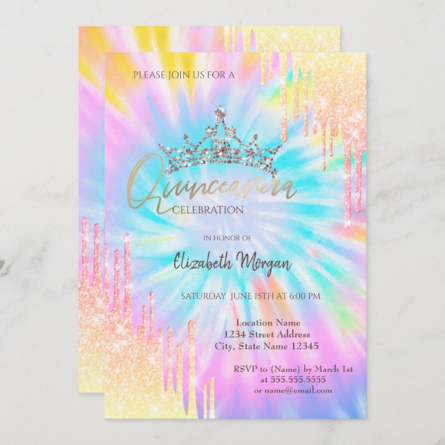 Chic Glitter Crown Drop Tie Dye Quinceañera  Invitation (Front/Back)