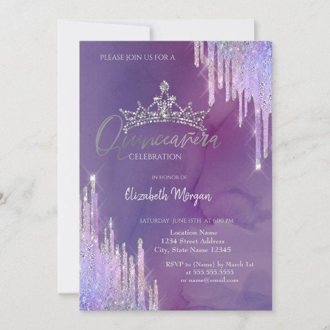 Chic Glitter Crown Drop Violet Quinceañera  Invitation (Front)