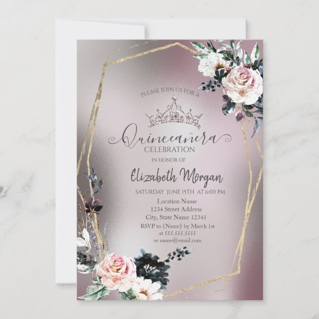 Chic Glitter Crown,Roses Metallic Invitation (Front)