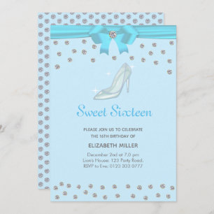 Chic Glitter Diamonds Sweet Sixteen on Light Blue Invitation