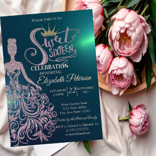 Chic Glitter Dress,Tiara, Diamonds Green Sweet 16 Invitation