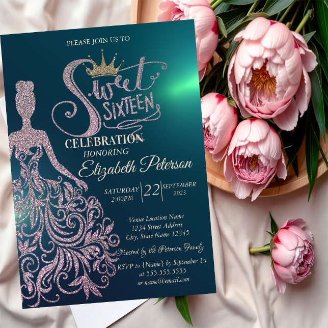Chic Glitter Dress,Tiara, Diamonds Green Sweet 16  Invitation (Creator Uploaded)