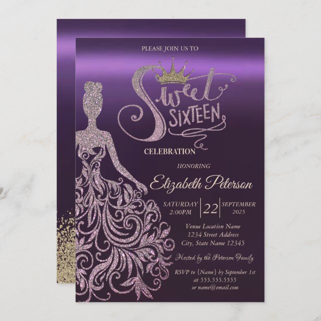Chic Glitter Dress,Tiara,Diamonds Purple Sweet 16  Invitation (Front/Back)