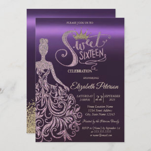 Chic Glitter Dress,Tiara,Diamonds Purple Sweet 16  Invitation