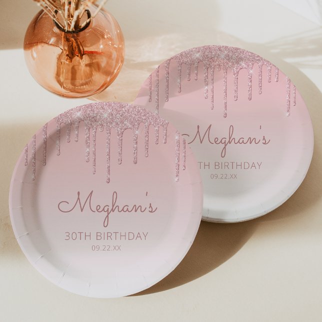 Chic Glitter Drip 30th Birthday Party Pink Paper Plate (Creator Uploaded)