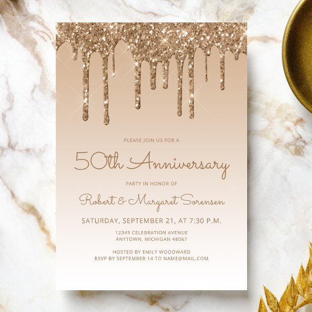 Chic Glitter Drip Gold 50th Anniversary Party Invitation (Creator Uploaded)