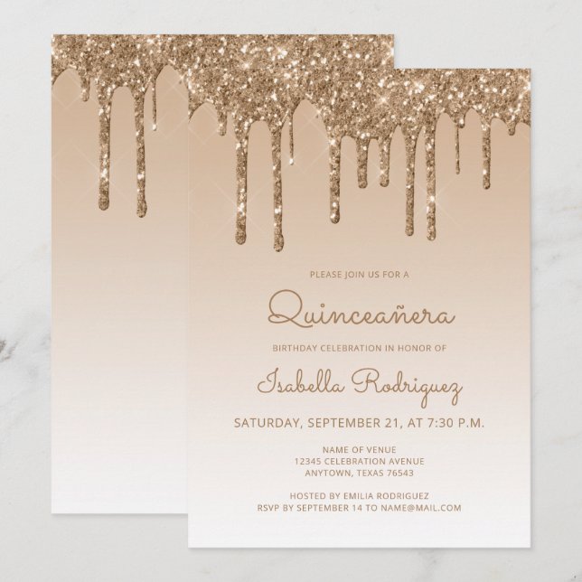 Chic Glitter Drip Gold Quinceañera Invitation (Front/Back)