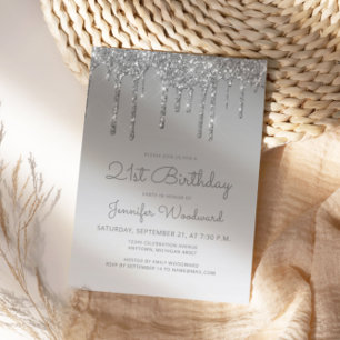 Chic Glitter Drip Silver 21st Birthday Invitation