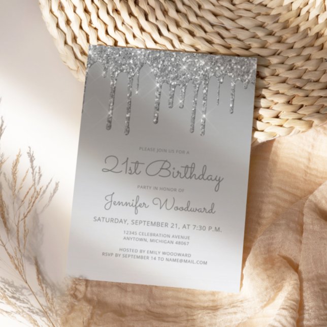 Chic Glitter Drip Silver 21st Birthday Invitation (Creator Uploaded)