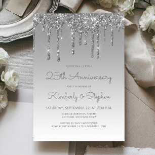 Chic Glitter Drip Silver 25th Anniversary Party Invitation