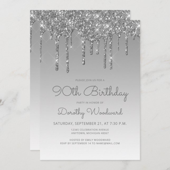 Chic Glitter Drip Silver 90th Birthday Invitation (Front/Back)