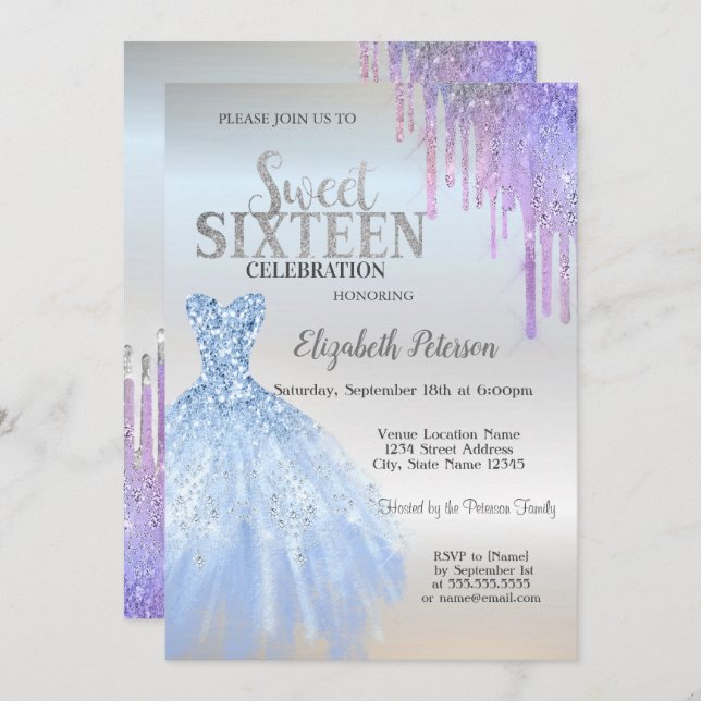 Chic Glitter Drips,Blue Dress Silver Sweet 16   Invitation (Front/Back)