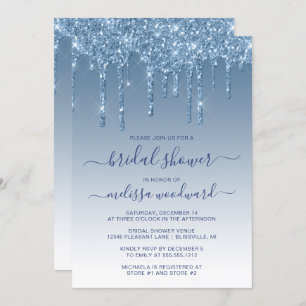 Chic Glitter Drips Blue Ombre Bridal Shower Invitation