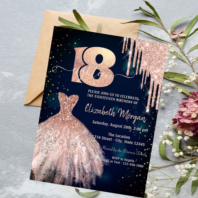 Chic Glitter Drips Dress Navy Blue 18th Birthday Invitation (Creator Uploaded)