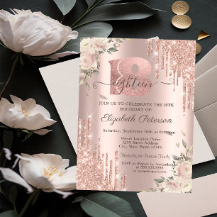 Chic Glitter Drips,Flowers Rose Gold 18th Birthday Invitation