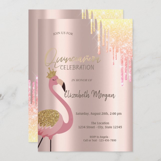 Chic Glitter Drips Pink Flamingo Quinceañera Invitation (Front/Back)