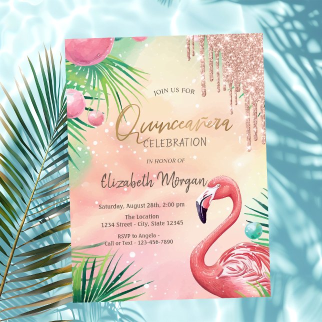 Chic Glitter Drips Pink Flamingos Quinceañera  Invitation (Creator Uploaded)